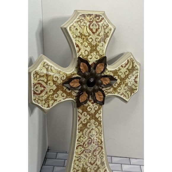 Bohemian Artisan Metal & Wood Cross W/Flower Wall Hanging Art Vintage - Picture 4 of 10